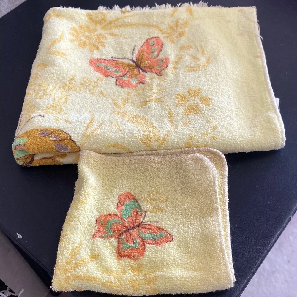 Yellow Butterfly Embroidered Bath Towel and washcloth Set MCM Cotton USA